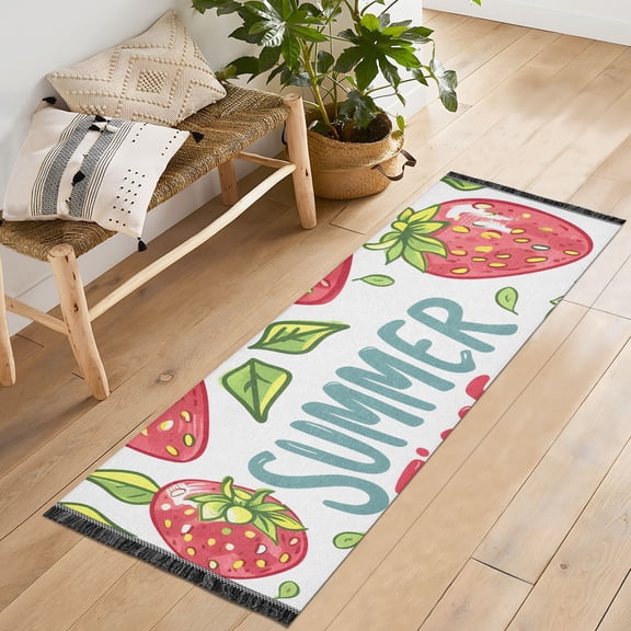 Strawberry Summer Time Word Runner Rug Machine Washable Area Rugs Carpet Non Slip Entryway Mat for Bedroom Entryway Front Door