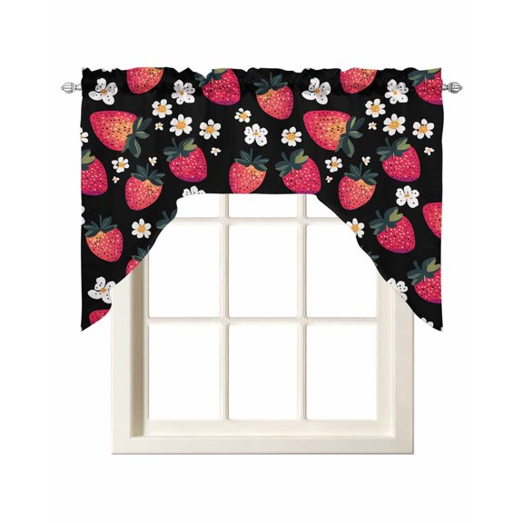 Strawberry Swag Curtains for Kitchen Black Spring Summer Rustic Floral Fruit Valances for Windows Rod Pocket Small Window Treatment Short Topper for Cafe Bedroom Bathroom Living Room Decor 56x36 Inch