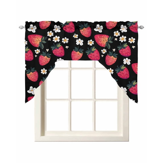 Strawberry Swag Valances for Windows, Small Curtains Drapes, Black Spring Summer Rustic Floral Fruit Kitchen Window Curtains Over Sink Rod Pocket Window Treatment Valance for Bedroom/Bathroom 56"x36"