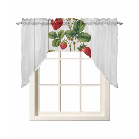 Strawberry Swag Valances for Windows, Small Curtains Drapes, Vintage Green Botanical Spring Floral Kitchen Window Curtains Over Sink Rod Pocket Window Treatment Valance for Bedroom/Bathroom 56"x36"