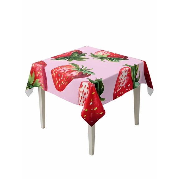 Strawberry Table Cloth 54x54 Inch Square, Red Plant Fruit Watercolor Pink Background Waterproof Tablecloth Washable Table Cover for Party Picnic Dinner Decor