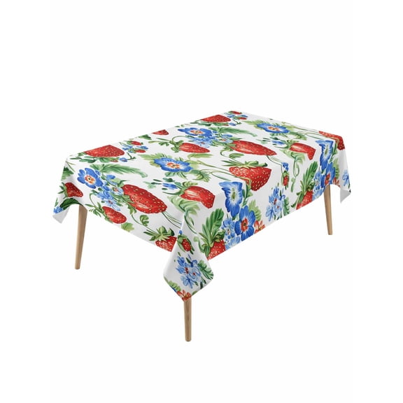 Strawberry Table Cloth, Summer Botanical Blue Spring Floral Waterproof Tablecloth for Rectangle Tables, Reusable Washable Fabric Table Cover for Restaurant Kitchen Dining Tables 60"x120"