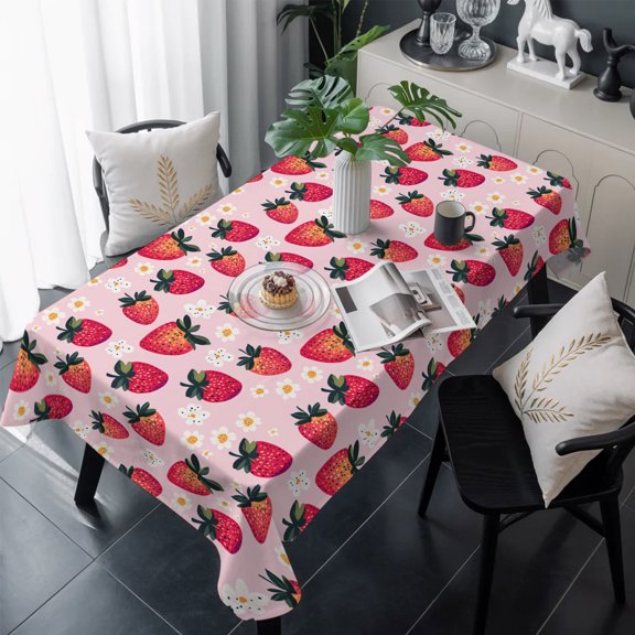 Strawberry Table Cloth Waterproof Tablecloths, Pink Spring Summer Rustic Floral Fruit Tablecloth Dining Table Cover for Kitchen Party Tabletop Outdoor, Rectangle Tablecloth 60x120 Inch