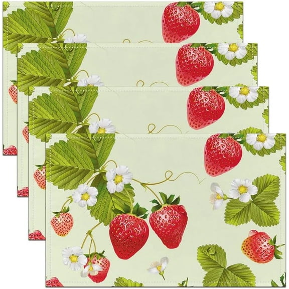 Strawberry Table Place Mats 18"x12" Kawaii Strawberry Print Placemat for Kitchen Dining Table Decoration Indoor Outdoor Car Reversible Floral Leaf Red Green Placemats for Dining Table
