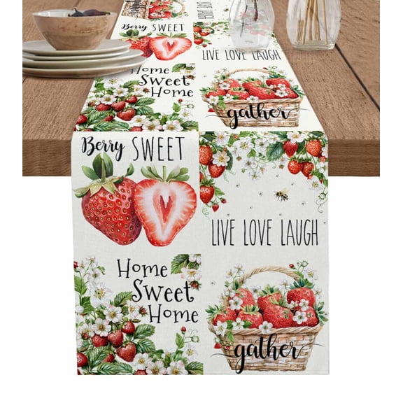 Strawberry Table Runner 48 Inches, Summer Fruits Green Botanical Floral Bed Runner Dresser Scarves Tabletop for Indoor Outdoor Parties/Ceremony/Banquet, 13" x 48"