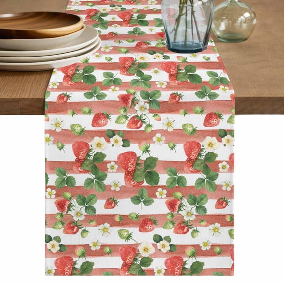 Strawberry Table Runner 70 Inches, Fruits Green Palm Leaves Red Striped Bed Runner Dresser Scarves Tabletop for Indoor Outdoor Parties/Ceremony/Banquet, 13" x 70"