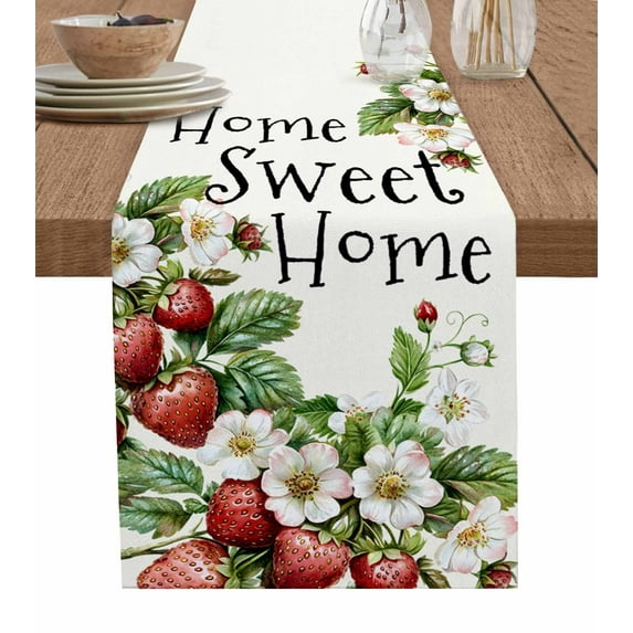 Strawberry Table Runner 72 Inches, Summer Fruits Spring Floral Botanical Bed Runner Dresser Scarves Tabletop for Indoor Outdoor Parties/Ceremony/Banquet, 14" x 72"