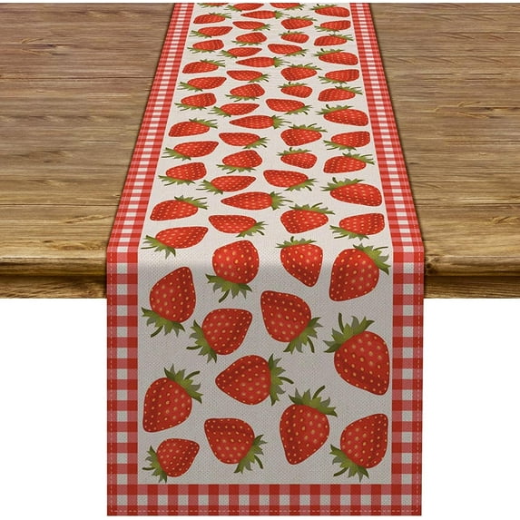 Strawberry Table Runner Buffalo Plaid Check Spring Summer Fruit Birthday Baby Shower Party Kitchen Dining Home Decoration (13.8" x 90")