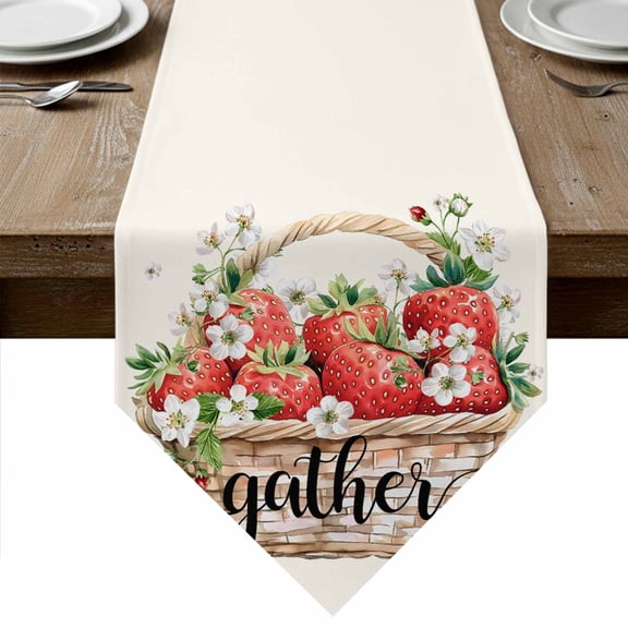 Strawberry Table Runner Linen Burlap Table Runner 36 Inches Small Summer Fruits Basket Botanical Floral Dresser Scarves for Kitchen Island Coffee Dining Party Wedding Banquet Holiday Decor 13"x36"