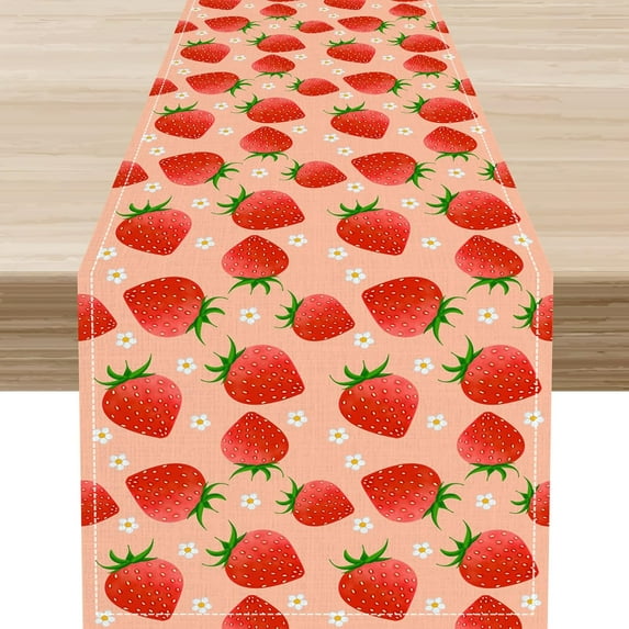 Strawberry Table Runner, Spring Summer Cute Pink Sweet Strawberry Fruits Farmhouse Coffee Table Center Decor for Home Kitchen Dining Patio Holiday Party Indoor Outdoor Table Decorations 13.8x90