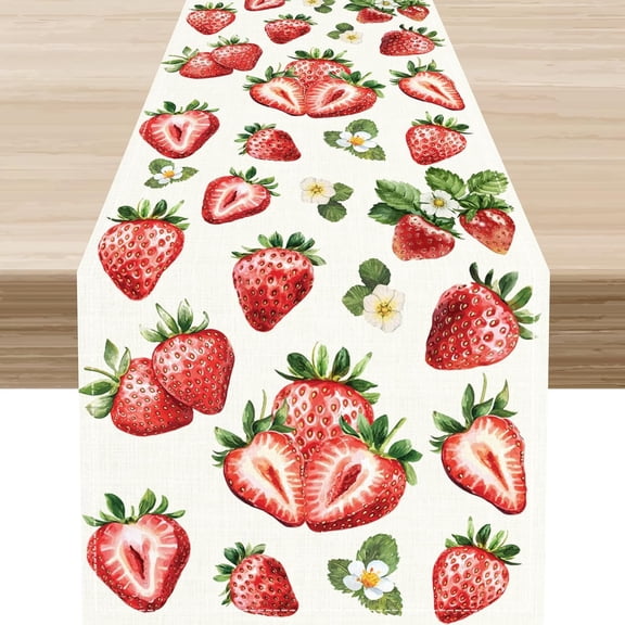 Strawberry Table Runner, Spring Summer Seasonal Sweet Strawberry Floral Cute Fruits Farmhouse Coffee Table Center Decor for Family Kitchen and Dining Holiday Party Birthday Table Decorations, 13"x72"