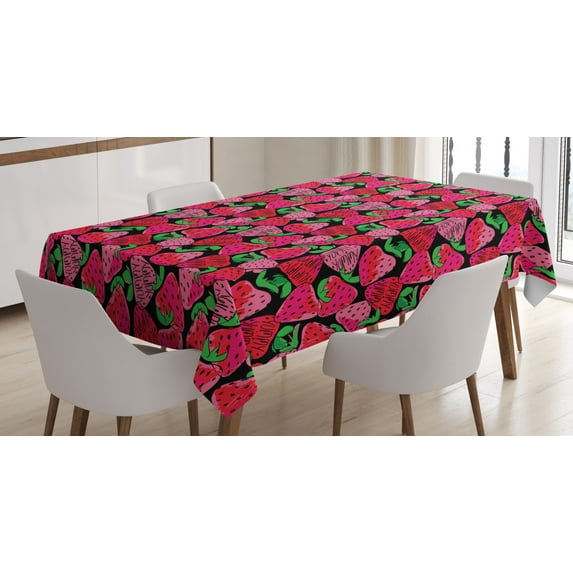 Strawberry Tablecloth, Hand-Drawn Colorful Sketch Pattern of Strawberries on Dark Background Print, Rectangular Table Cover for Dining Room Kitchen, 60 X 84 Inches, Multicolor, by Ambesonne