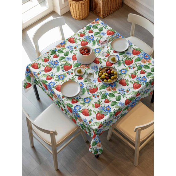 Strawberry Tablecloth Square Table Cloth 54x54, Waterproof Outdoor Table Cloth Covers Decorative Table Protector, Summer Botanical Blue Spring Floral Washable Table Cover for Kitchen Dinning Party