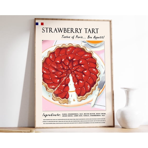 Strawberry Tart Dessert Poster, Dessert Art, French Art, Paris Art, Paris Poster, Retro Print Wall Art, Modern Wall Decor, 8x12 UNFRAMED