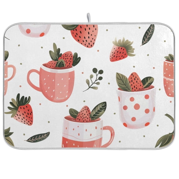 Strawberry Tea Dish Drying Mat Dish Drainer Rack Mats Water Absorbent Non-Slip Easy Clean Heat Resistant for Kitchen Counter