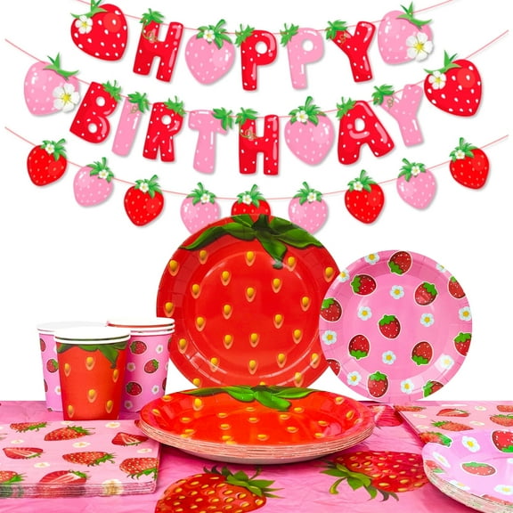 Strawberry Theme Birthday Party Supplies, Strawberry Party Tableware Set - Strawberry Birthday Party Plates Napkins Cups Tablecloth etc Strawberry Tableware for Strawberry Party Decorations