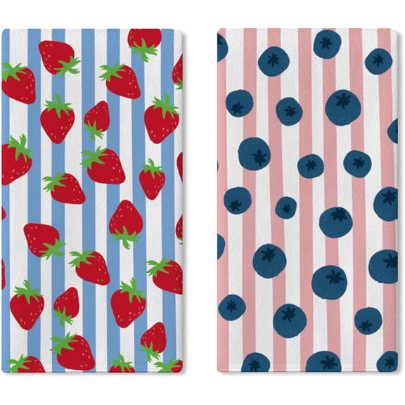 Strawberry Theme Kitchen Dish Towels Set of 2, Blueberry Fruit Blue Pink Stripes Drying Hand Towel Baking Cooking Cloth, Spring Summer Bathroom Home Decoration 18'' x 26''