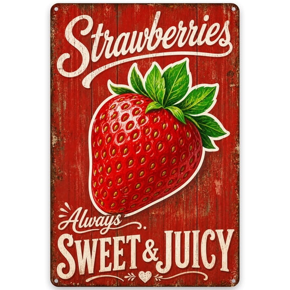 Strawberry Theme Metal Wall Decor Sign 8x12 Inch for Kitchen or Home, Always Sweet and Juicy Rustic Vintage Style, Pre-Drilled for Easy Hanging, Weather Resistant Indoor Outdoor Use