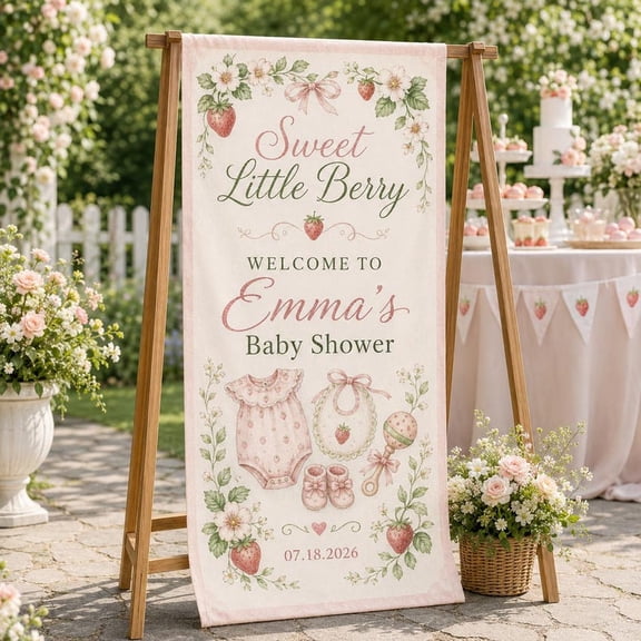 Strawberry Theme Satin Welcome Banner, Personalized Name and Date Sign, Custom Celebration Backdrop, Event Decor Gift
