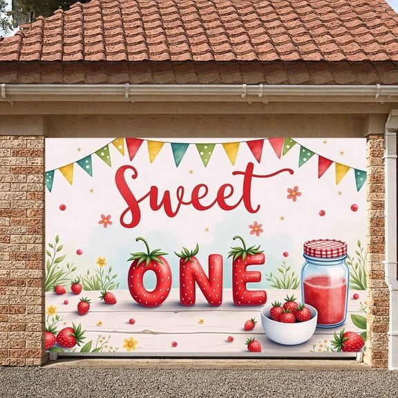 Strawberry Theme Sweet One Banner Colorful Bunting First Birthday Display Floral Decor Red Font Strawberry Backdrop for 1st Birthday Party Baby Party Kids Gathering