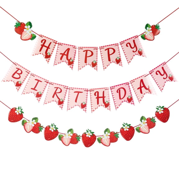 Strawberry Themed Hanging Banner, Happy Birthday Garland, Fruit Style Decor for 1st Birthday Garden Summer Party