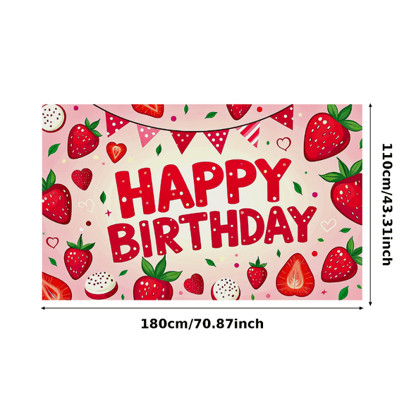 Strawberry Themed Happy Birthday Banner Background Backdrop Party Decorations for Birthday Party Photography Props Photo Booth Decors