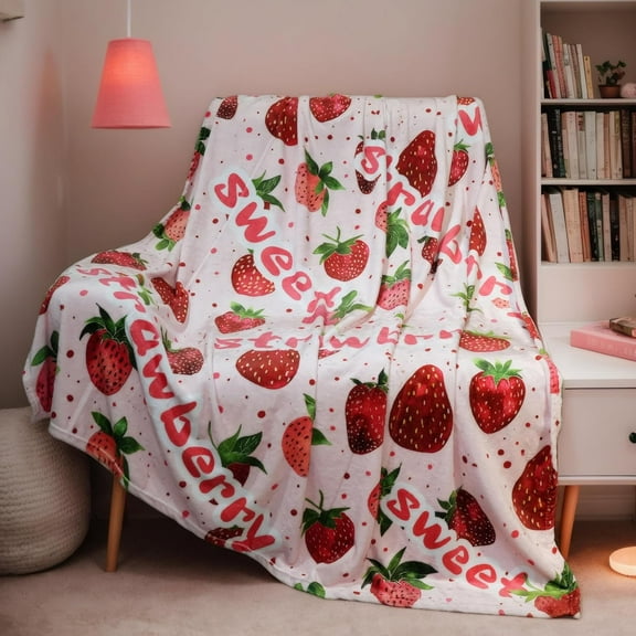 Strawberry Throw Blanket, Cute Fluffy Blanket for Couch or Bed, Super Soft Small Blanket Birthday Gift for Women or Kids, Pink 40x50 inches
