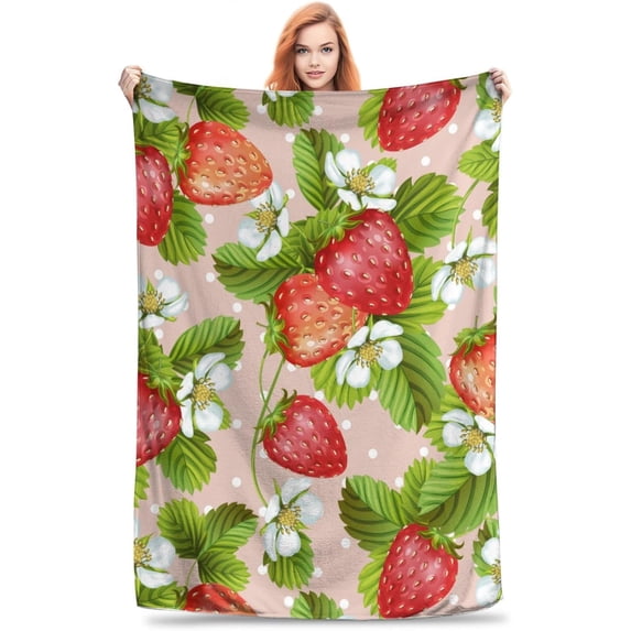 Strawberry Throw Blanket Strawberry and Flower Soft Cozy Flannel Lightweight Warm Travel Couch Blankets for Bed Living Room Decor Gifts for Kids Adults 80""x60""