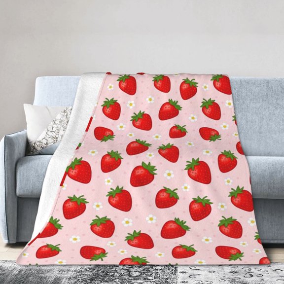 Strawberry Throw Blanket, Pink Fruit Pattern Warm Flannel Throw, Cozy Winter Couch Sofa Blanket 50x40