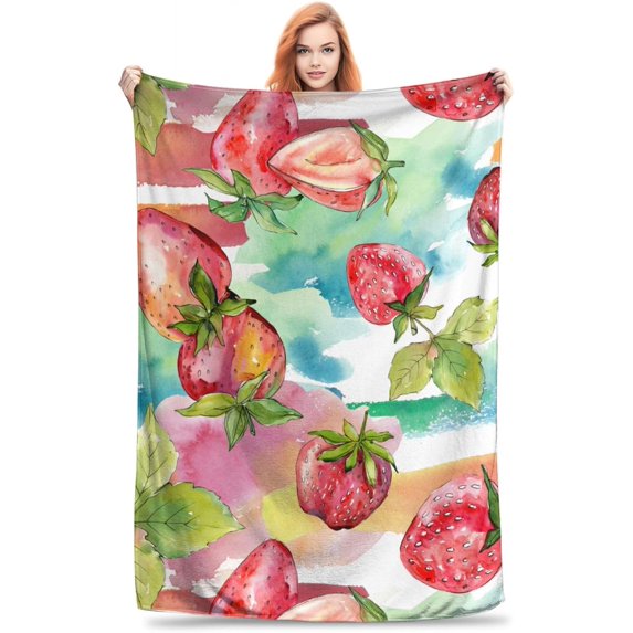 Strawberry Throw Blanket Strawberry Watercolor Pattern Soft Cozy Flannel Lightweight Warm Travel Couch Blankets for Bed Living Room Decor Gifts for Kids Adults 60""x50""