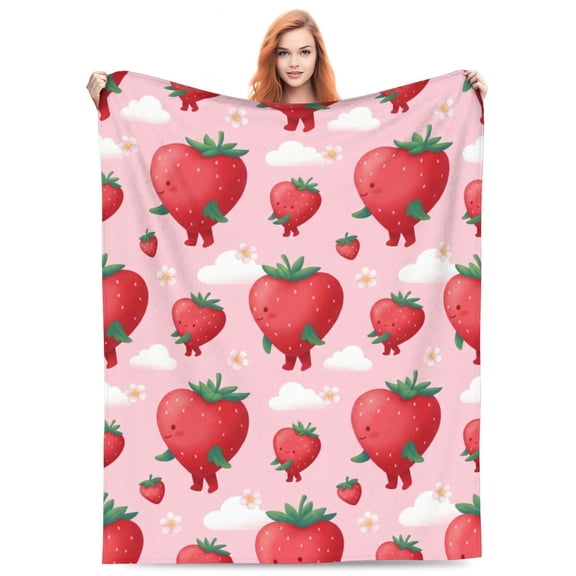 Strawberry Throw Blanket for Women, Soft Cozy Flannel Blanket with Strawberry Design, Warm Lightweight Blanket for Couch, Bed, Travel, Cute Home Decor Gift 50"x40"