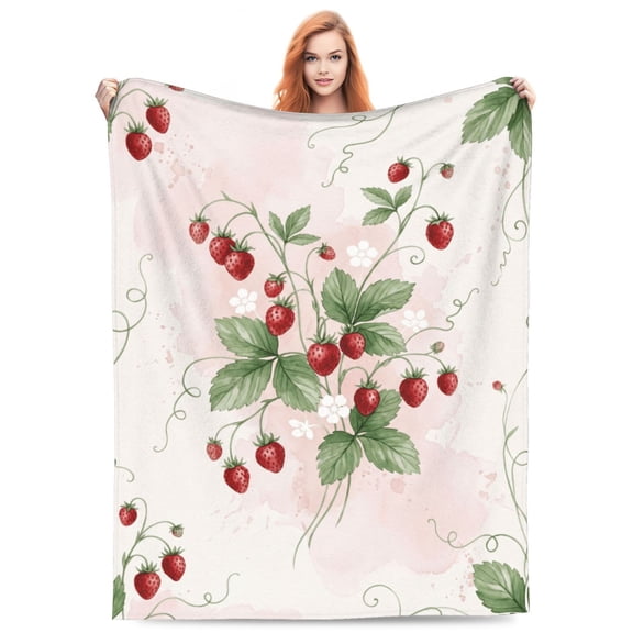 Strawberry Throw Blanket for Women, Soft Cozy Flannel Blanket with Strawberry Design, Warm Lightweight Blanket for Couch, Bed, Travel, Cute Home Decor Gift 50"x40"