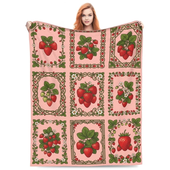Strawberry Throw Blanket for Women, Strawberry Gift, Soft Warm Cozy Flannel Blanket for Travel, Cute Pink Home Room Decor for Couch, Bed 50"x40"