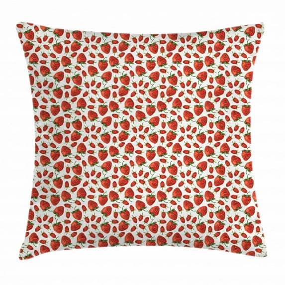 Strawberry Throw Pillow Cushion Cover, Realistic Ripe Wild Strawberry Pattern on White Background, Decorative Square Accent Pillow Case, 18 X 18 Inches, Vermilion Fern Green Pale Yellow, by Ambesonne