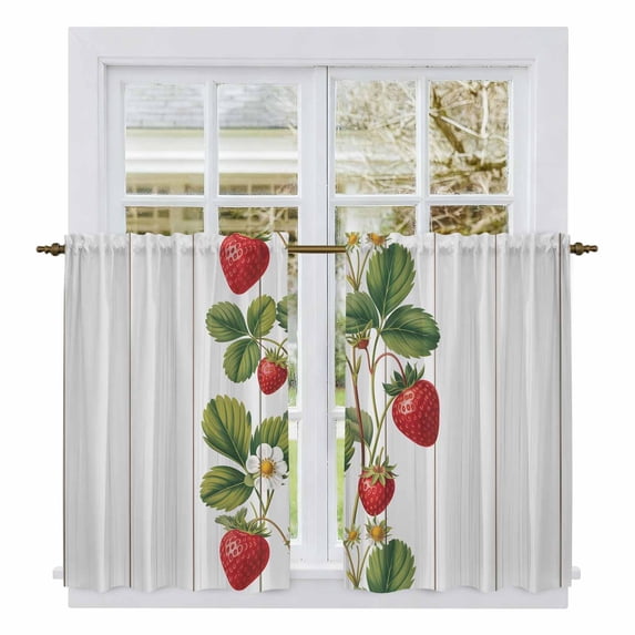 Strawberry Tier Curtains 54 Inch Length, Vintage Green Botanical Spring Floral Cafe Short Curtains for Bathroom Over Sink, Small Kitchen Curtain Light Filtering Tiered Drapes 2 Panels 27.5"Wx54"L