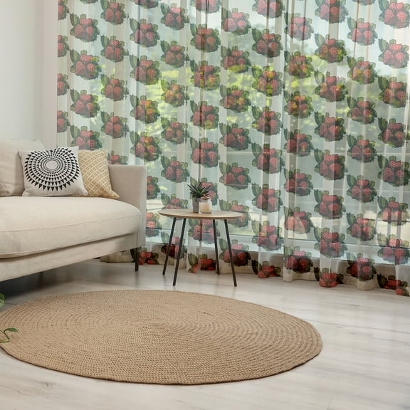 Strawberry Tulle Curtains with Rod Pocket, Hand Drawn Fruits Pattern with Fresh Leaves Summer Arrangement, Sheer Drape for Wedding Party 2 Panels, 7 Sizes, Dark Coral Yellow Green, by Ambesonne