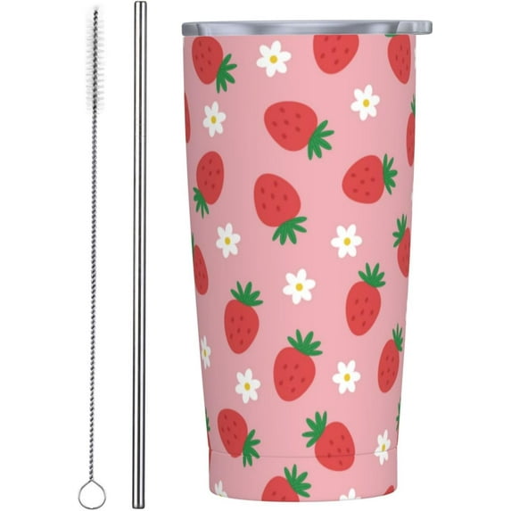 Strawberry Tumbler 20oz Strawberries and Flowers Stainless Steel Insulated Tumblers with Lid and Straw Pink Travel Coffee Mug Tea Wine Cups Water Bottle Strawberry Gifts for Women