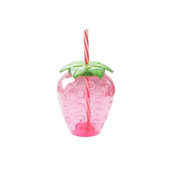 Strawberry Tumbler, BPA Free Cold Drink Only, Cute Transparent Pink Strawberry Shaped Drinking Cup with Striped Straw and Strawberry Charm Accessory 16.0 oz Capacity for Kids Themed Parties Summer Ou