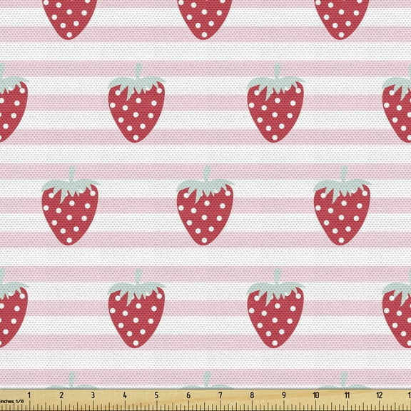 Ambesonne Strawberry Fabric by the Yard Upholstery, Girlish Pattern, 5 Yards, Pink Seafoam