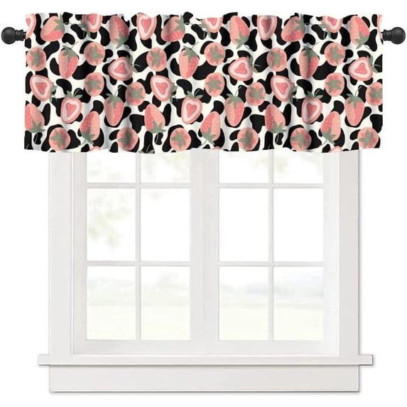 Strawberry Valance Curtains, Abstract Bohemian Funny Cute Pink Fruit Vintage Rustic Cow Fur Seamless Pattern Home Decor Short Window Treatments Drapes for Bedroom Living Room Kitchen 54x18in x1 Panel