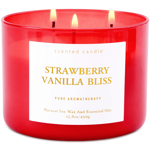 Strawberry Vanilla Bliss 3-Wick Soy Candle Sweet & Uplifting Aromatherapy Candle in Gift Box | 15.8 oz Clean-Burning Relaxing Scented Candle for Men and Women