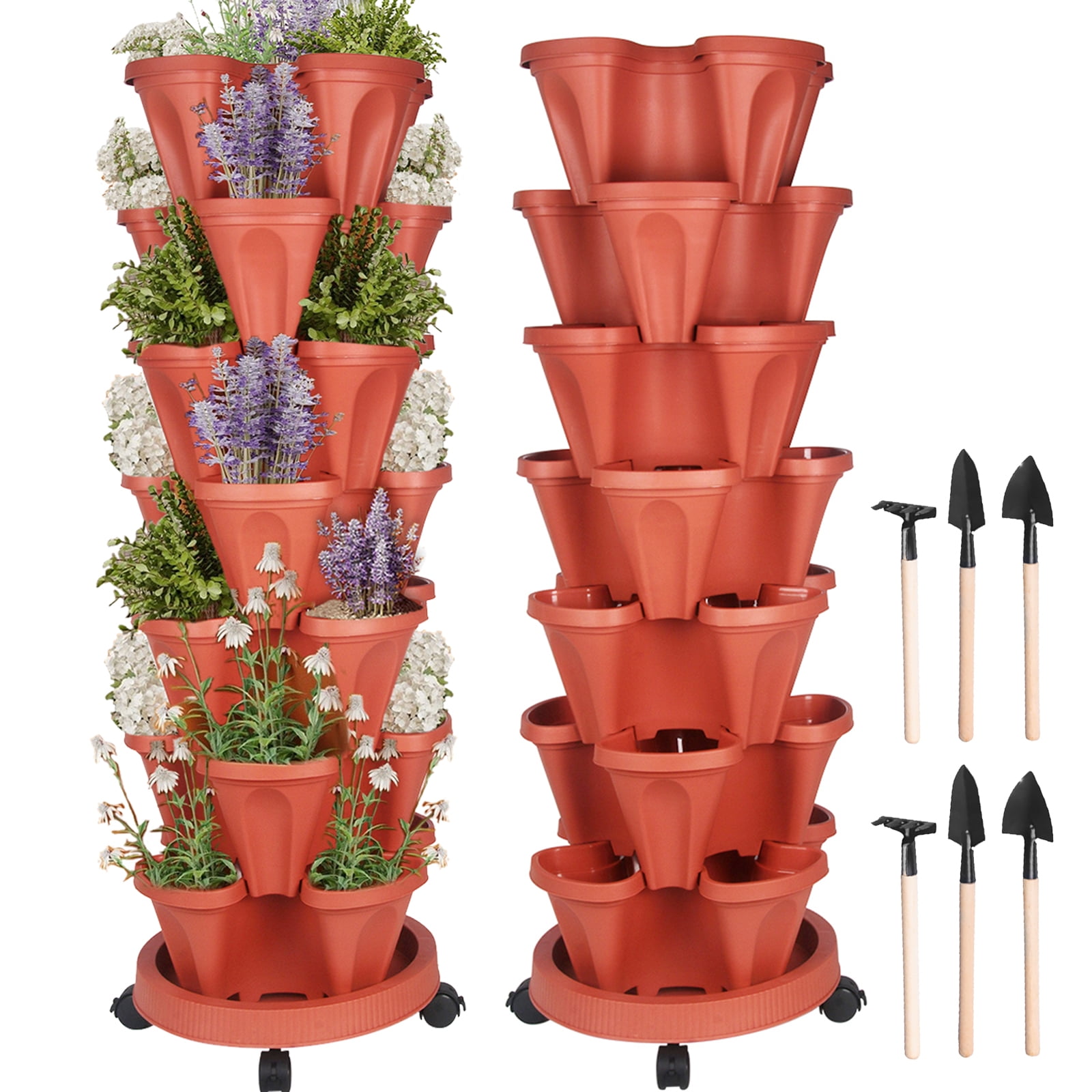 7Tier Stackable Patio Planters with Wheels for Indoor/Outdoor Grey