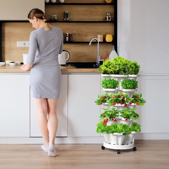 Strawberry Vertical Planters, 6 Tiered Stacking Tower Garden, Stackable Herb Vegetable Planters with Movable Casters and Bottom Saucer Indoor and Outdoor - White
