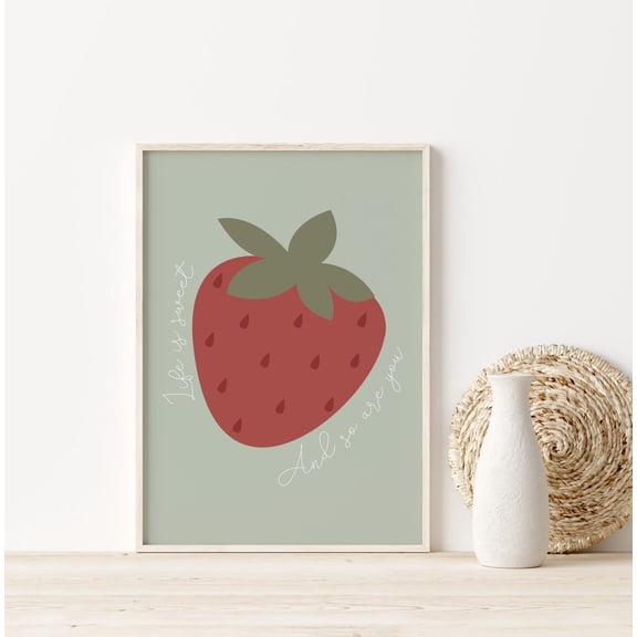 Strawberry Wall Art Life Is Sweet Print Sage Green Unframed Paper Print
