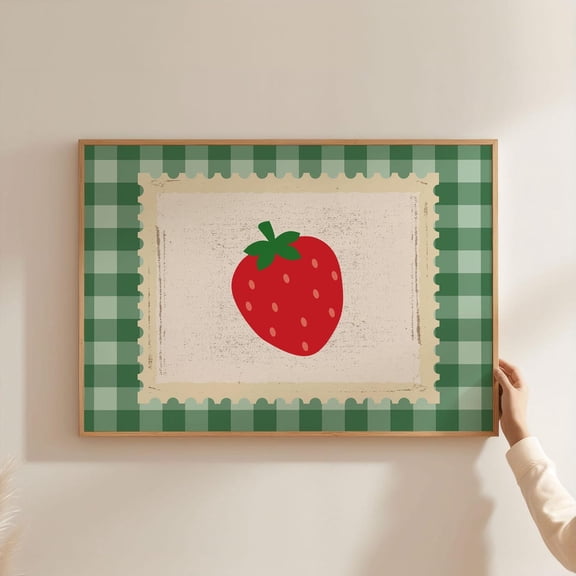 Strawberry Wall Art Poster - Horizontal Fruit Kitchen Decor, Green Red Checkered Pattern, Unframed Poster Size 8x12