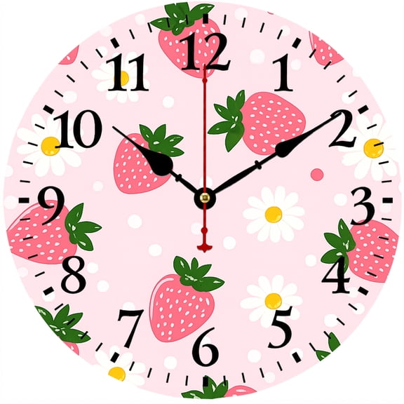 Strawberry Wall Clock 9.84 Inch, Pink Daisy Decorative Round Analog Clock with Easy to Read Numbers, Battery Operated Cute Wall Decor for Kitchen Bedroom Kids Room Nursery