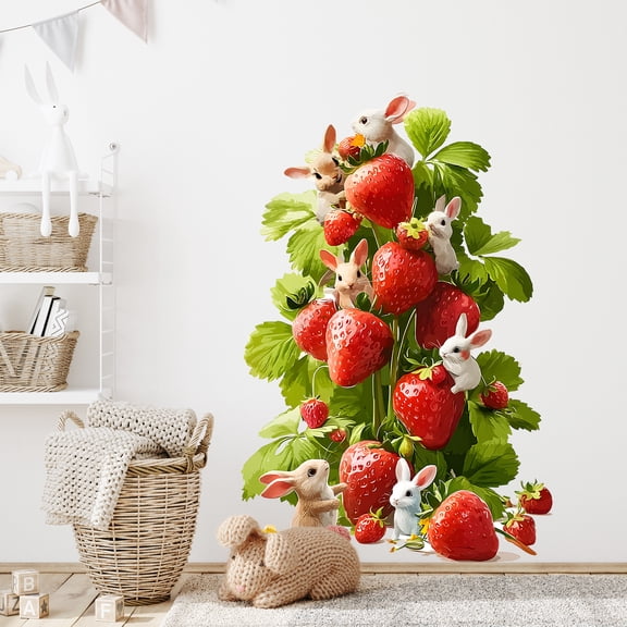 Strawberry Wall Decals Cute Rabbit Wall Stickers Vinyl Peel and Stick Removable Decor for Bedroom Living Room 32x23Inch