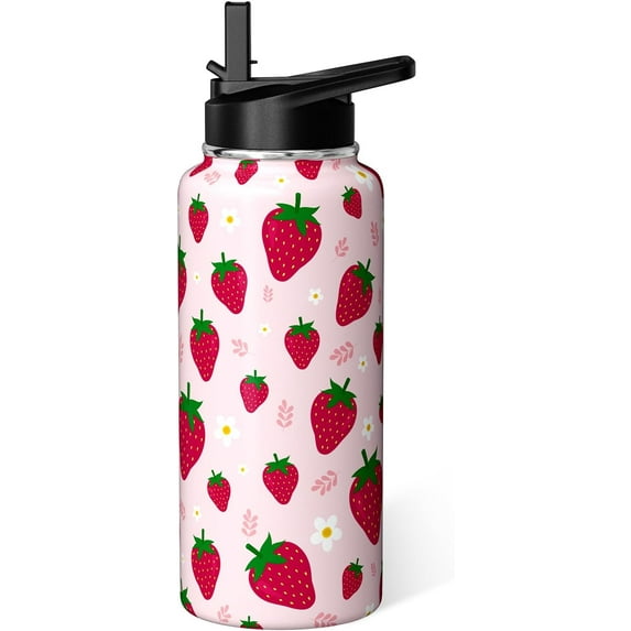 Strawberry Water Bottle 32oz Vacuum Insulated Thermos with Straw Lid Strawberry Gifts for Women Strawberry Stuff Things for Girls Cute Travel Tumbler Cup Mug