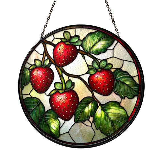 Strawberry Window Suncatcher with Stained Glass Look, Home Kitchen Window Decor Featuring Berry Design