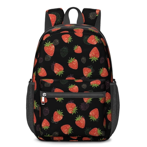Strawberry and Berry Black Pattern 17" School Backpacks for Teens,Waterproof Oxford Fabric,S-Shape Padded Straps for School,Travel,Hiking,Camping